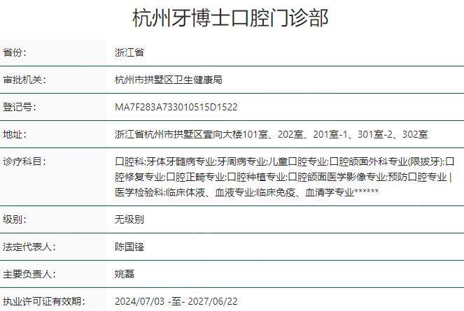 杭州牙博士口腔门诊部资质